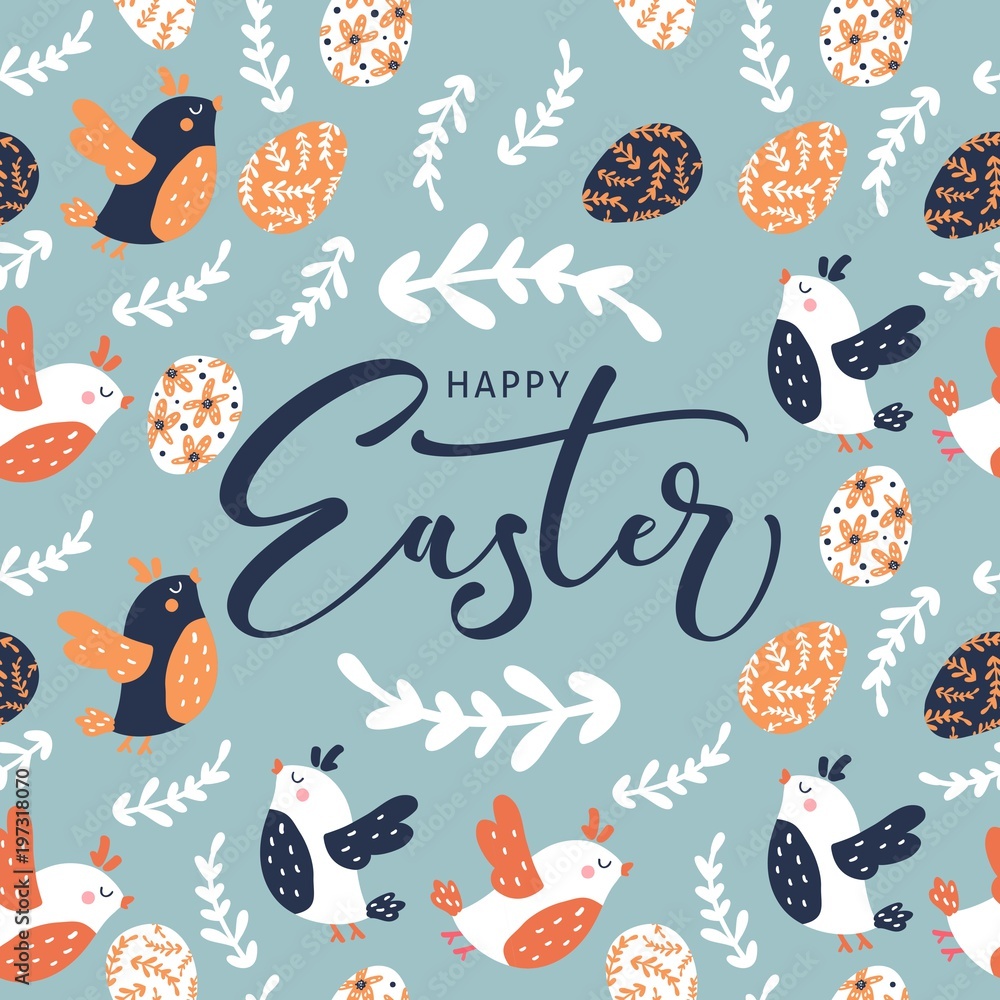 Fototapeta premium Happy Easter greeting card with calligraphic hand written phrase, holiday poster. Typography design. Vector illustration.