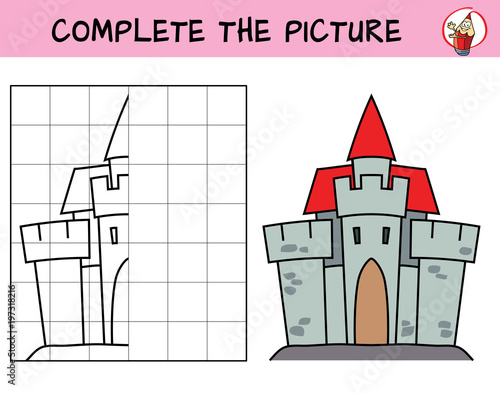 Medieval castle. Copy the picture. Coloring book. Educational game for children. Cartoon vector illustration