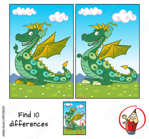 Funny green dragon. Find 10 differences. Educational matching game for children. Cartoon vector illustration