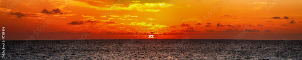 Beautiful panorama of a bright sunset in the ocean