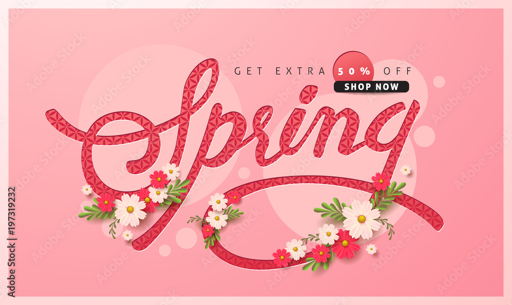 Naklejka premium Spring sale background layout with beautiful colorful flower for banners,Wallpaper,flyers, invitation, posters, brochure, voucher discount.Vector illustration template.