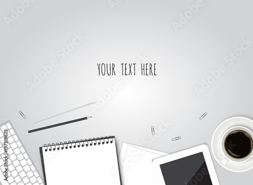 Paper, pencil, phone and coffee on the table. Top view desktop. Vector template for your design