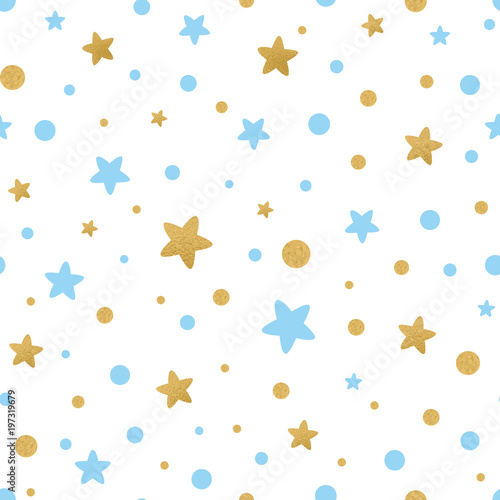 Vector seamless pattern decoreted gold blue stars for Christmas backgound, birthday baby shower textile