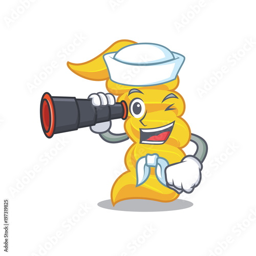 Sailor with binocular fusilli pasta mascot cartoon