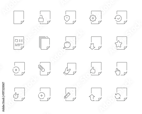 Simple set of Document related vector line web icons. Contains such Icons as Document, Attachment, Search for a document, Hand with a document and more. Editable Stroke. 48x48 Pixel Perfect.
