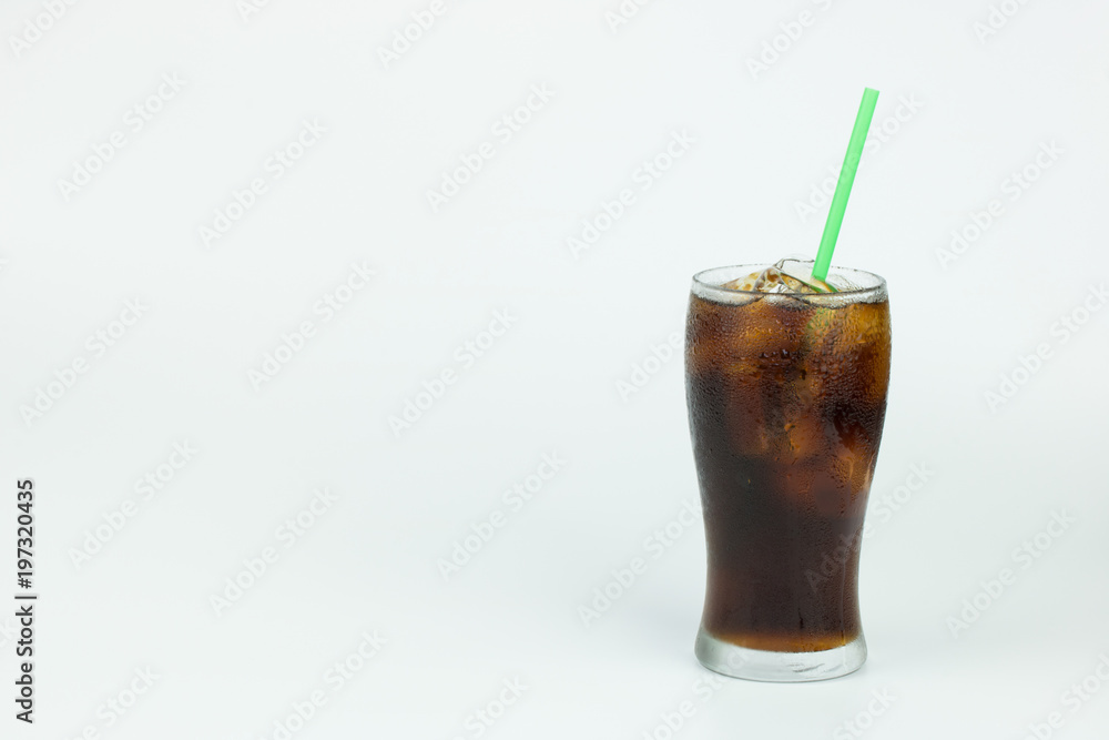 cold cola with ice in a glass on white background cold cola with ice in a glass on white background