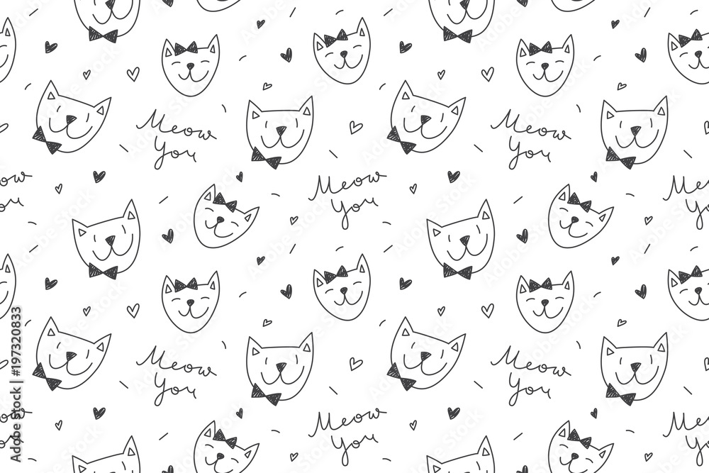 Cats in love, vector seamless pattern with cartoon cat faces and lettering Meow You