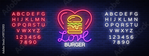 Burger logo vector. Love burger design template light emblem, burger street food neon sign, light banner, neon night fast food advertisement, billboard design element sandwich. Editing text neon sign