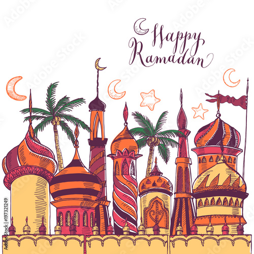 Ramadan greeting illustration with silhouette of mosque. Multicolor seamless background. Ramadan Kareem. Creative design concept for muslim holiday.