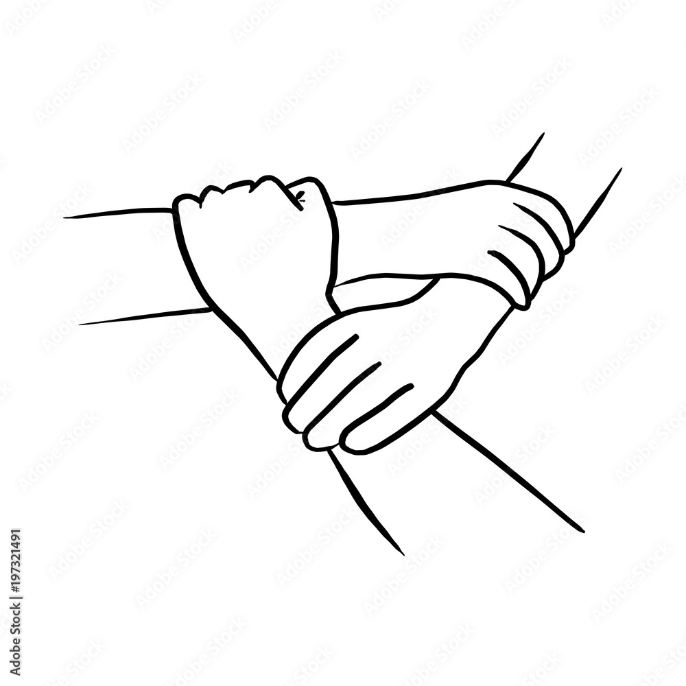 Three human join hands together background vector illustration sketch hand  drawn with black lines isolated on white background Teamwork concept  Stock Vector  Adobe Stock