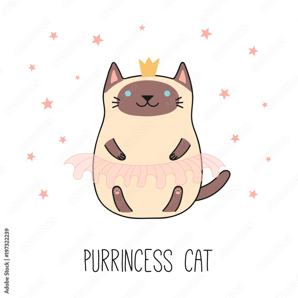 Hand drawn vector illustration of a kawaii funny Siamese cat in a crown, pink ballet tutu. Isolated objects on white background. Line drawing. Design concept for children print. Hand drawn vector illustration of a kawaii funny Siamese cat in a crown, pink ballet tutu. Isolated objects on white background. Line drawing. Design concept for children print.