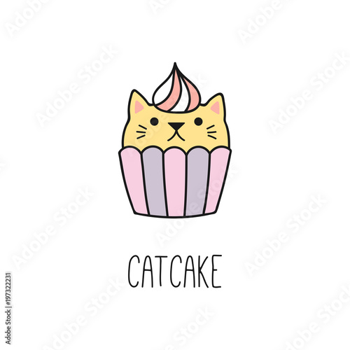 Hand drawn vector illustration of a kawaii funny cupcake with cat ears. Isolated objects on white background. Line drawing. Design concept for cat cafe, children print.