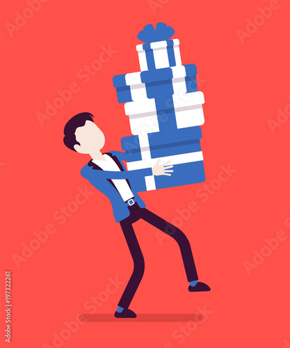 Man holding a heap of gift boxes