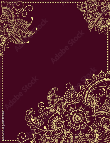 Stylized with henna tattoos color decorative pattern for decorating covers for book, notebook, casket, magazine, postcard and folder. Flower pattern in mehndi style. Frame in the eastern tradition.