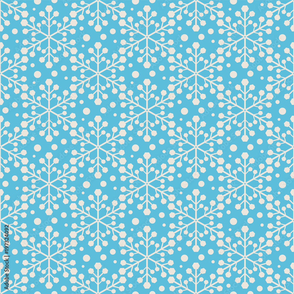Seamless pattern for packing Christmas gifts. Abstract White snowflakes on a blue background. Holiday winter pattern. Template for your desing, background, paper for wrapping, fabric. Vector