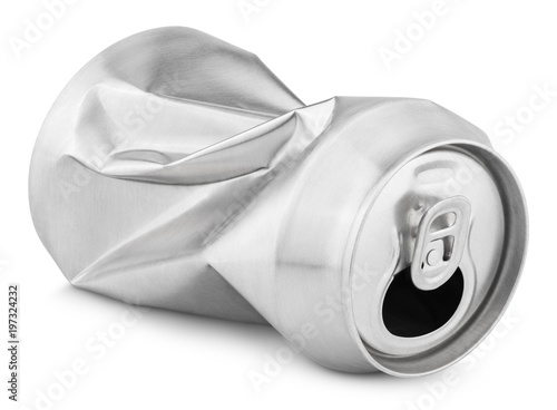 Crumpled empty blank soda or beer 330 ml can garbage isolated on white background with clipping path