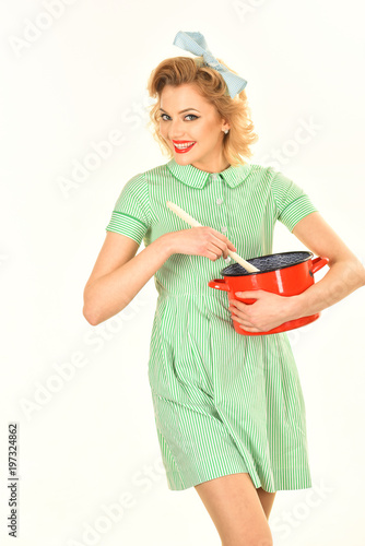Housekeeper with kitchen utensil, household.