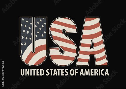 Vector banner with letters USA with the image of American flag and the words United States of America on dark background