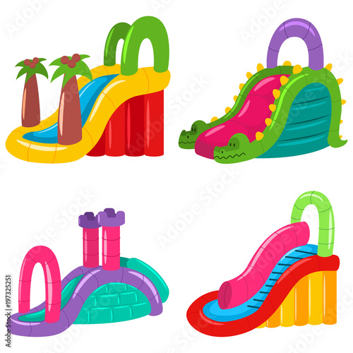 Inflatable water slides for kids of different shapes. Summer amusement park vector icons set isolated on white background.