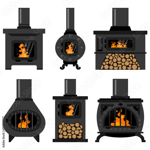 Iron wood burning stove with firewood and fire set. Vector flat old vintage fireplaces isolated on a white background.