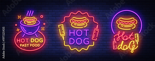 Hot dog collection neon signs vector. Hot dog set logos in neon style design template, night neon emblem, banner, bright signboard, night advertising of fast food for cafe, restaurant, snack bar, bar