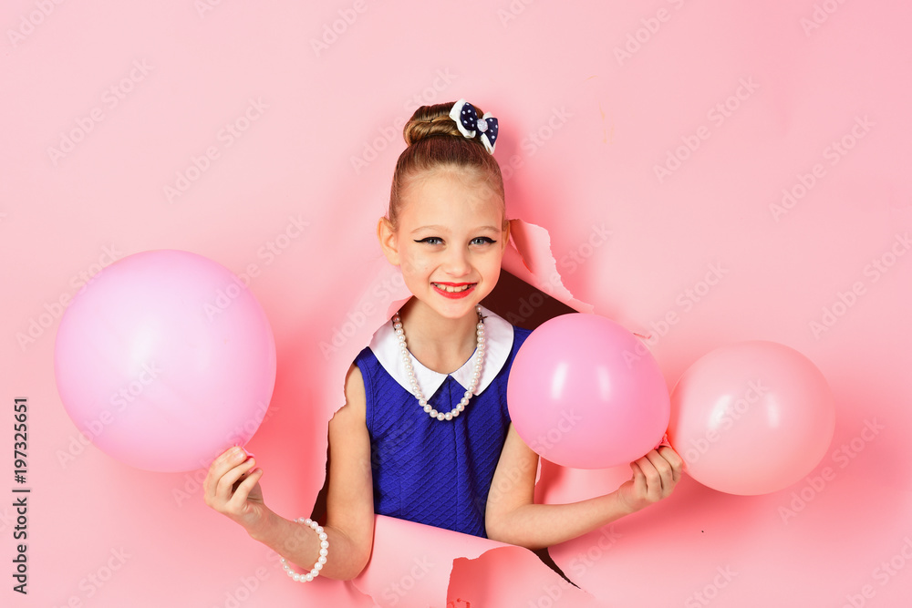 Small girl child with party balloons, celebration. Kid with balloons, birthday. Birthday, happiness, childhood, look. Little girl with hairstyle hold balloons. Beauty and fashion, punchy pastels. Small girl child with party balloons, celebration. Kid with balloons, birthday. Birthday, happiness, childhood, look. Little girl with hairstyle hold balloons. Beauty and fashion, punchy pastels.