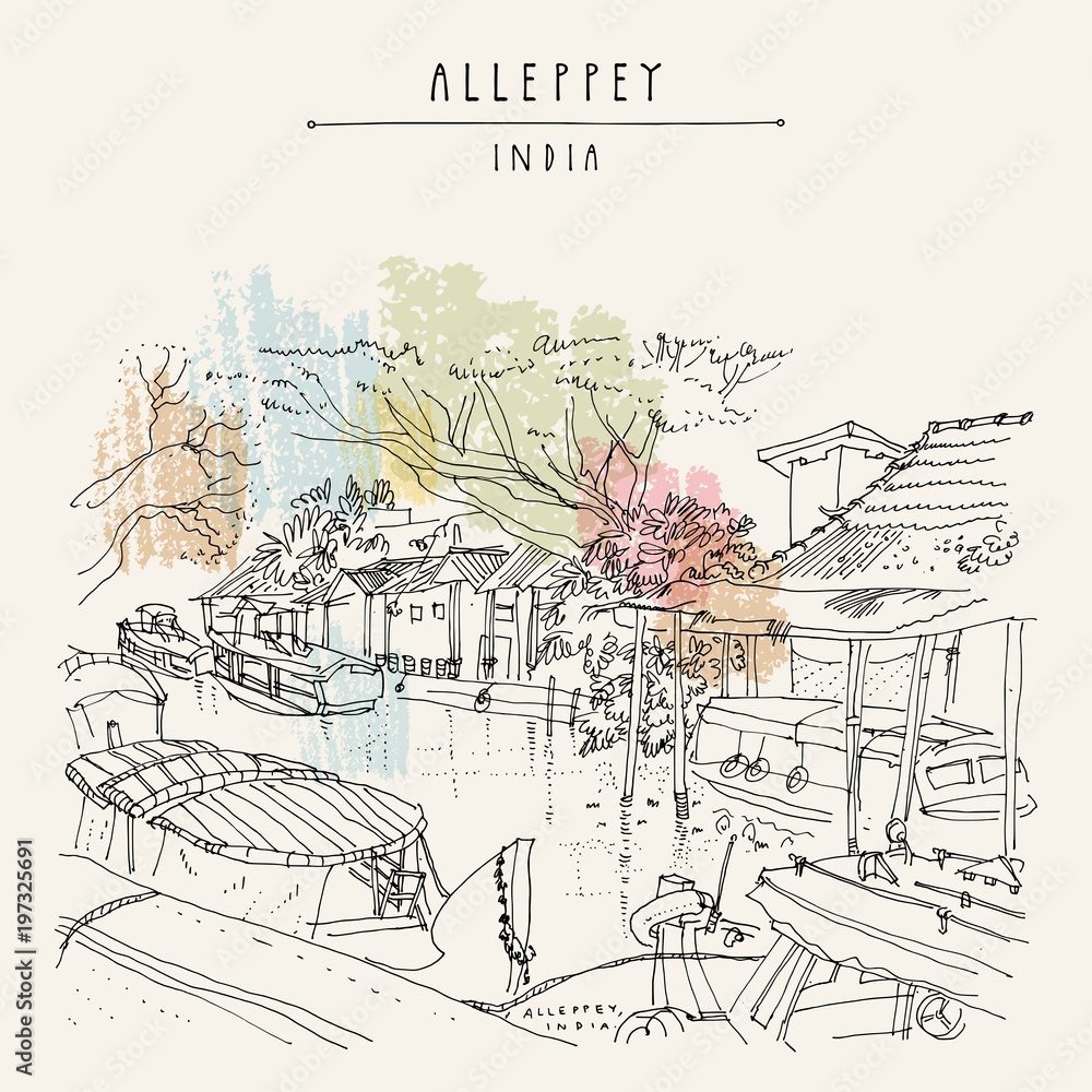 Canal in Alleppey (Alappuzha). Kerala, India. Water, boats and trees