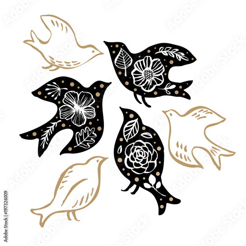 Bird silhouette with flooral pattern. Hand drawn design elements. Vector illustration. Nursery scandinavian art.