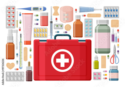 Pharmacy background. Medical first aid kit with different pills, plaster, bottles and thermometer, syringe. Vector illustration