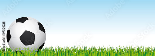 Soccer banner. Football stadium grass and blue sky background. Vector header with soccer ball on the left side.