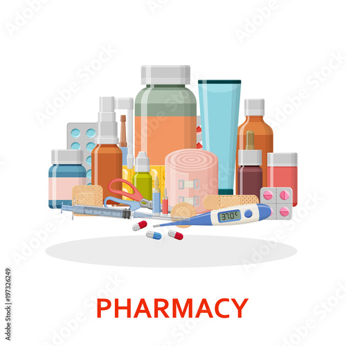 Pharmacy background. Different medical pills, plaster, thermometer, syringe and bottles Vector illustration