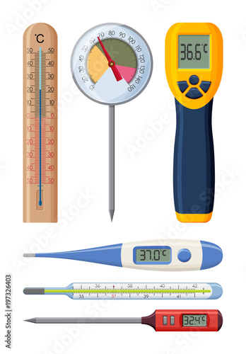 Set of realistic thermometers for different needs. Medical and cooking. Vector illustration.