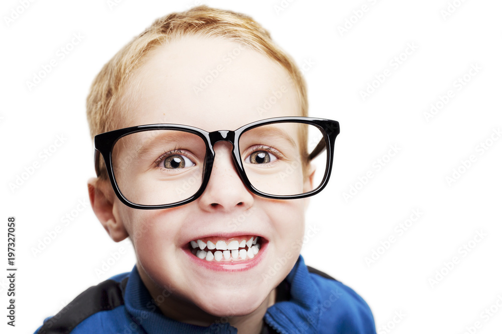 Young boy with big glasses on a white background