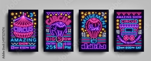 Circus collection of posters design templates neon style. Circus set of neon signs, tent, elephant, amusement park, light banner, neon flyer, advertising of Circus performances. Vector illustration