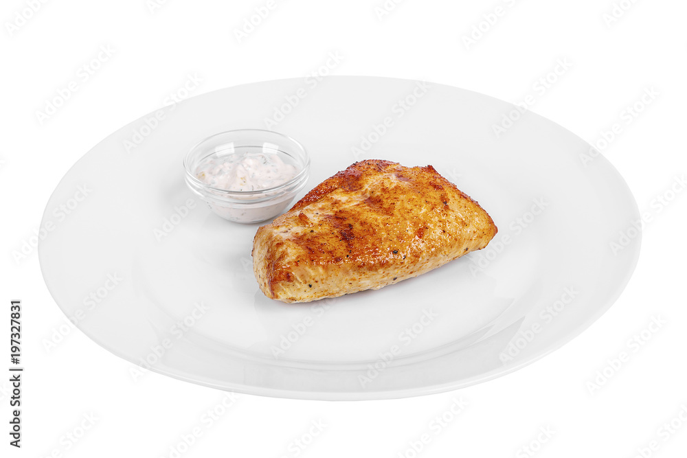 Steak from chicken, pork, grilled meat, barbecue, on a plate isolated white background. Tartar, sour cream, mayonnaise, white sauce. Juicy fillet, roast. For the menu in the restaurant, bar. Side view