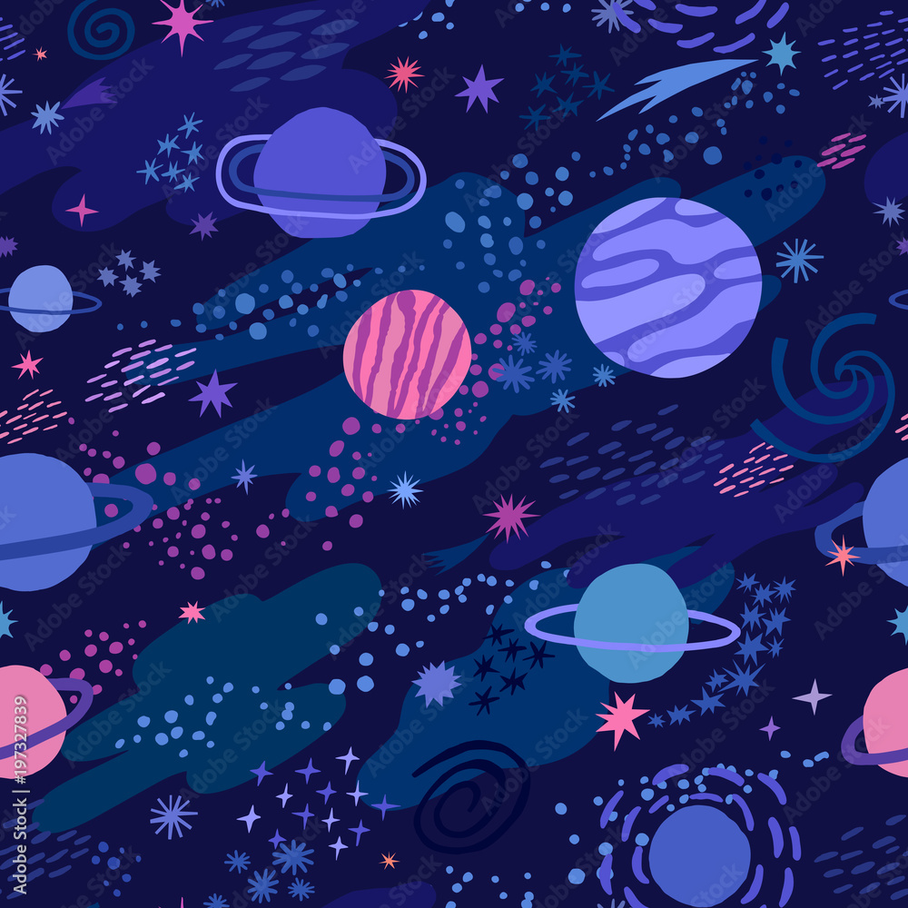 Fényképezés Vector space seamless pattern with star and planet - az  Europosters.hu