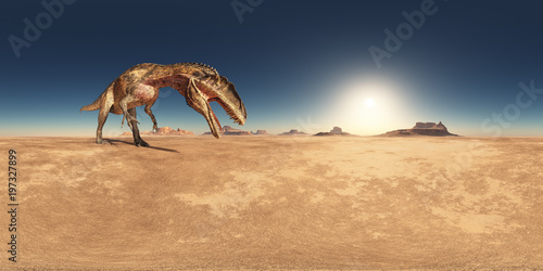 360 Grad Panorama mit dem Dinosaurier Acrocanthosaurus in einer W  stenlandschaft