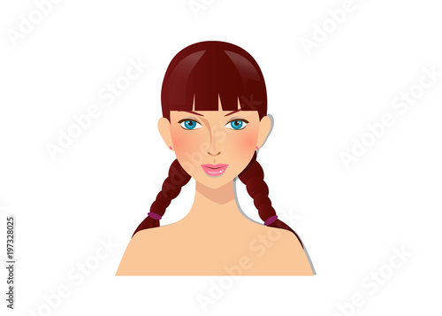 Beautiful girl with blue eyes and brown hair carelessly braided plaits.