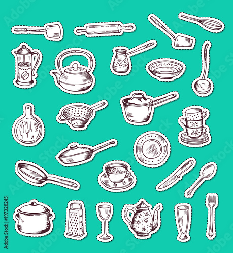 Vector stickers set with hand drawn kitchen utensils photo