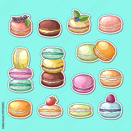 Vector stickers set with colored hand drawn macaroons