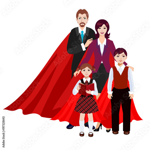 Fototapeta Naklejka Na Ścianę i Meble -  Happy super family in red cloak: superhero father, mother, daughter and son.