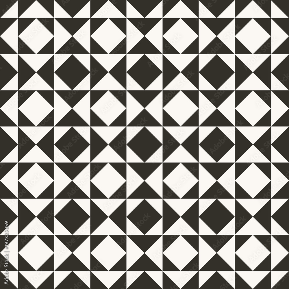 Black and white abstract geometric quilt pattern. High contrast geometric background with triangles. Simple colors - easy to recolor. Minimal background. Vector illustration. Black and white abstract geometric quilt pattern. High contrast geometric background with triangles. Simple colors - easy to recolor. Minimal background. Vector illustration.