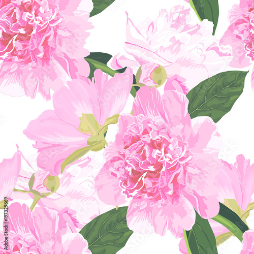 Seamless pattern with pink peony  and tropical leaves on blue background. Vec...