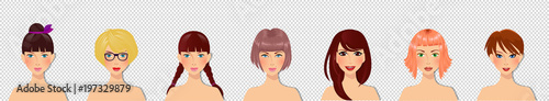 Cute cartoon girls characters portrait for avatar isolated on transparent background.