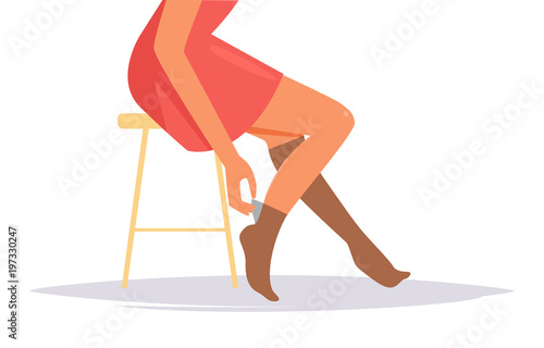 Woman pulls on leg stockings