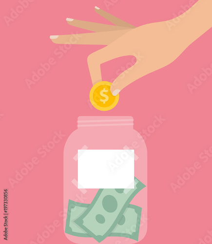 Woman's hand putting golden coin in to a jar filled with money and a white blank label on it. Savings and tipping concept