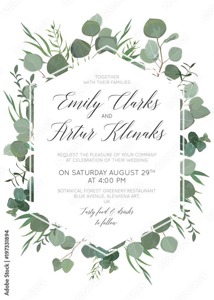 Wedding floral invite, invitation, save the date card design with elegant eucalyptus greenery branches, green forest leaves foliage, herbs & cute polygonal geometrical frame. Beautiful trendy template