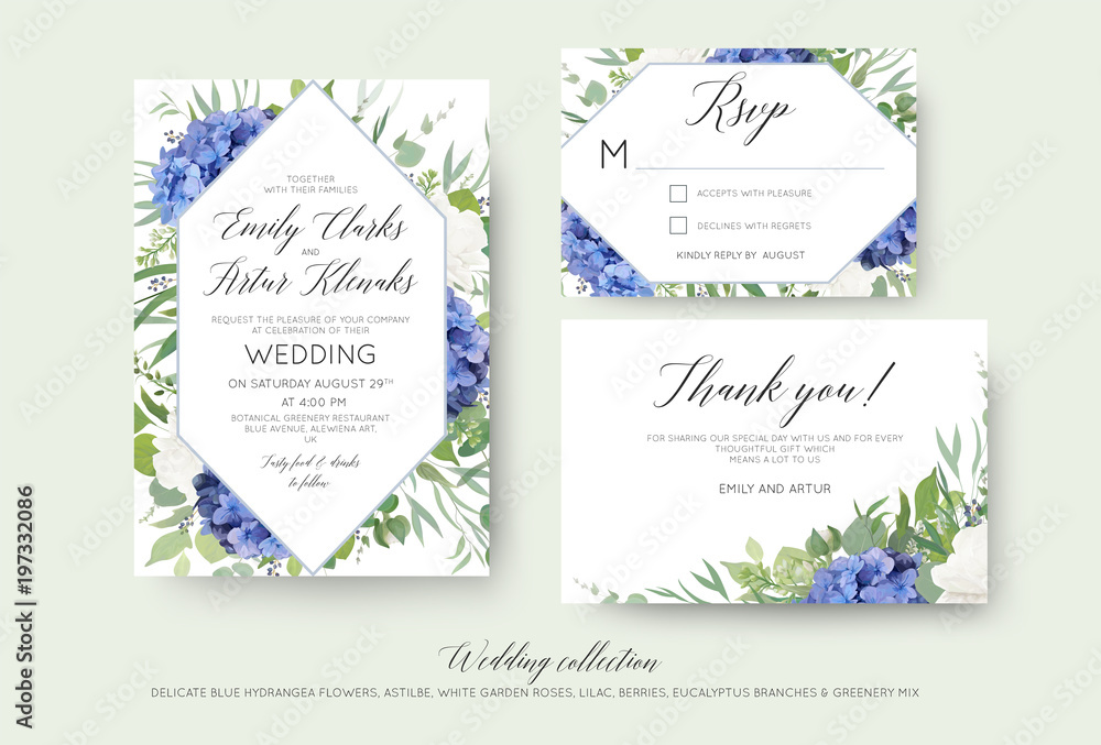 Wedding floral invite, rsvp, thank you cards design with elegant blue hydrangea flowers, white garden roses, lilac, green eucalyptus branches, greenery leaves & geometrical frame. Luxury beautiful set
