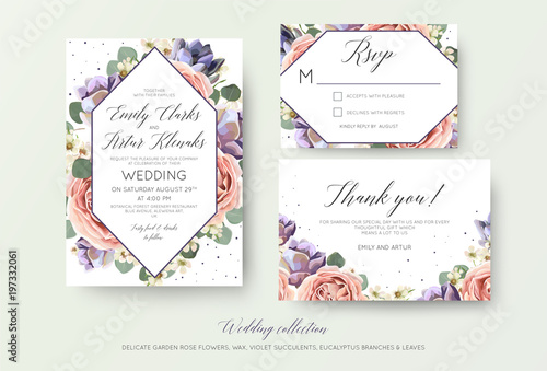 Wedding floral invitation, rsvp, thank you card elegant botanical design with lavender pink garden rose flowers, violet succulents, eucalyptus leaves & geometrical frame. Beautiful modern template set