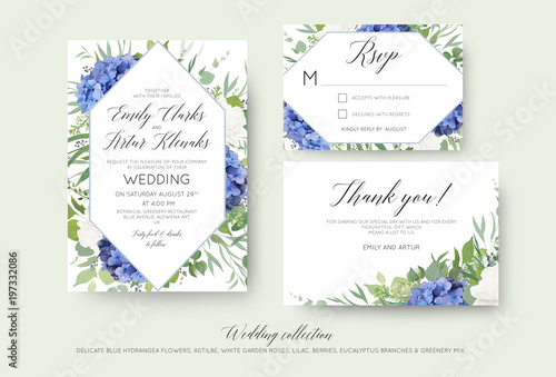 Wedding floral invite, rsvp, thank you cards design with elegant blue hydrangea flowers, white garden roses, lilac, green eucalyptus branches, greenery leaves & geometrical frame. Luxury beautiful set © Alewiena